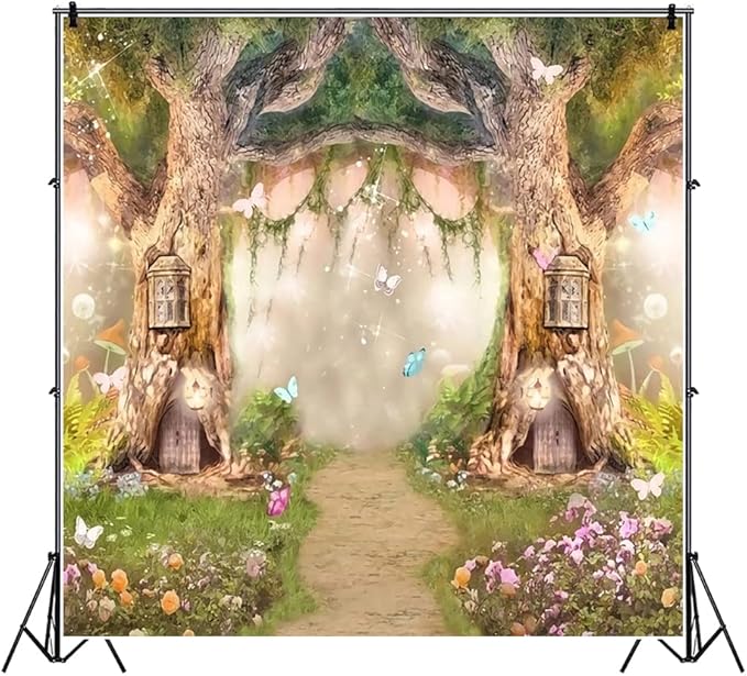Leowefowa 8x8ft Vinyl Birthday Backdrop Fairy Tale Forest Enchanted Flower Baby Shower Photo Background for Birthday Party Photoshoot Newborn Baby Kids Children Studio Props Photography Backdrops