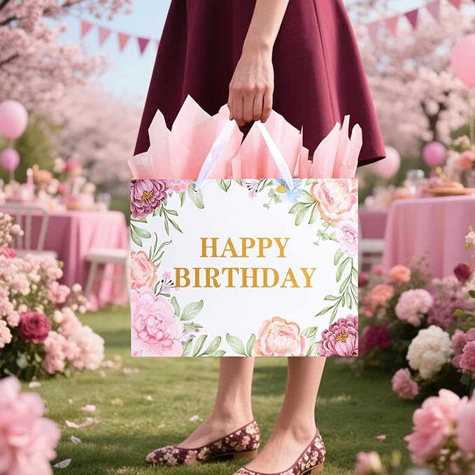 ASYEHJNR 13" Large Size Happy Birthday Gift Bag Metallic Gold Happy Birthday Sign with Floral Peony Flower Pattern Retro Gift Bag with Greeting Card and Tissue Paper and Handle for Girls Women Bday