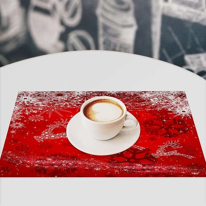 Christmas Elk Placemats Cartoon Red Festive Christmas Snowflake Gift Bell Beautiful Deer Placemats Table Kitchen Dining Party 12x18 Inch Set of 6