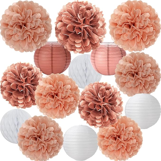Rose Gold Paper Flowers Tissue Pom Poms Honeycomb Lanterns 15pcs Party Decorations Galentines Birthday Wedding Baby Shower Mothers Day Hanging Supplies Mprocherify