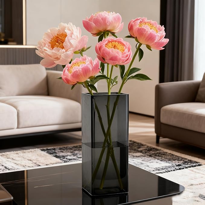 Acrylic Square Flower Vase, Non-breakable Vase, 4" x 4" x 8" Tall Grey Vases for Flower, Large Cube Floral Plant Container, Planter Terrarium for Wedding Party Event, Home Office Decor