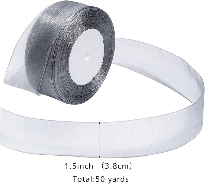 Grey Ribbon for Gift Wrapping 1-1/2 inch Sheer Organza Ribbon for Flower Bouquet Tulle Chiffon Ribbons for Wedding Invitations Christmas Decorations Crafts 50 Yards