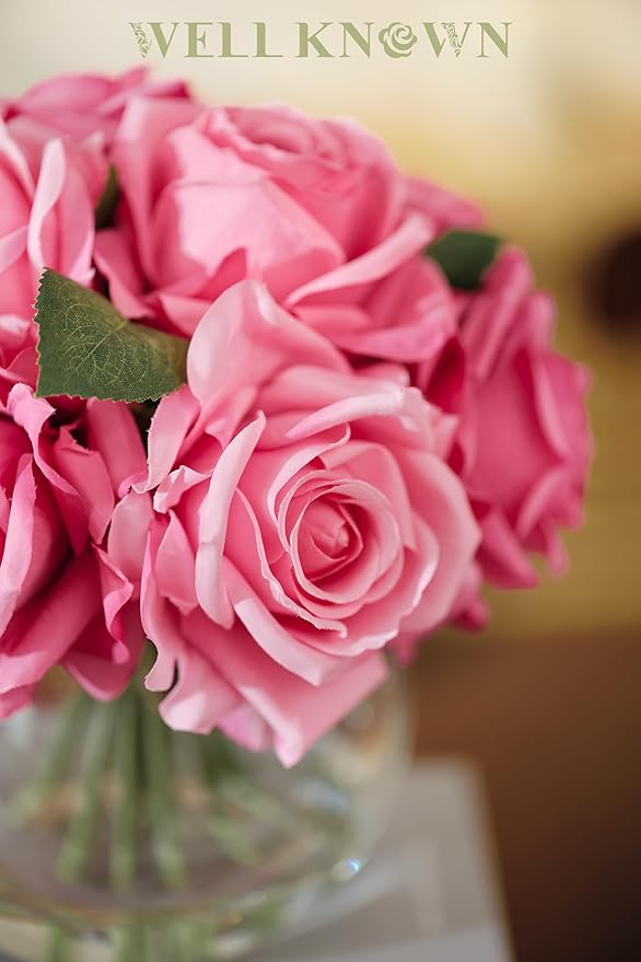 WELL KNOWN Artificial Flowers with Vase, Silk Rose Artificial Flowers Table Centerpieces with Faux Water for Home Decoration Fake Roses Flower Arrangements for Table Decor (Fuchsia)