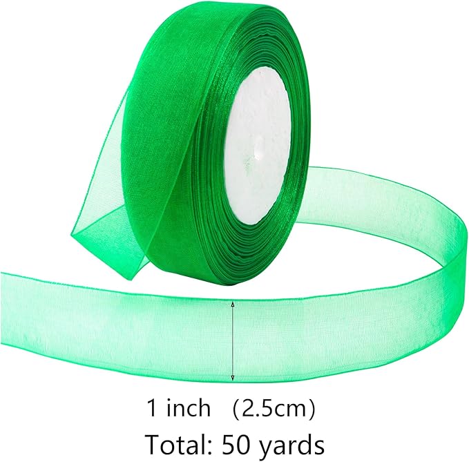 Green Ribbon for Gift Wrapping 1 inch Sheer Organza Ribbon for Flower Bouquet Tulle Thin Chiffon Ribbons for Wedding Invitations Presents Decorations Crafts 50 Yards