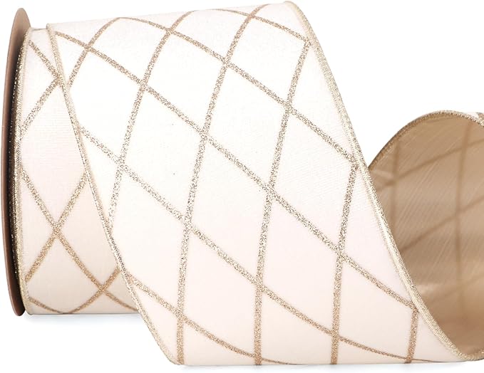 Ribbli White Velvet Ribbon Wired with Glitter Diamond Grid 4 Inch Christmas Ribbon for Christmas Tree Decoration Big Bow Gift Wrapping Crafts Wreaths Garland Supplies - 10 Yards