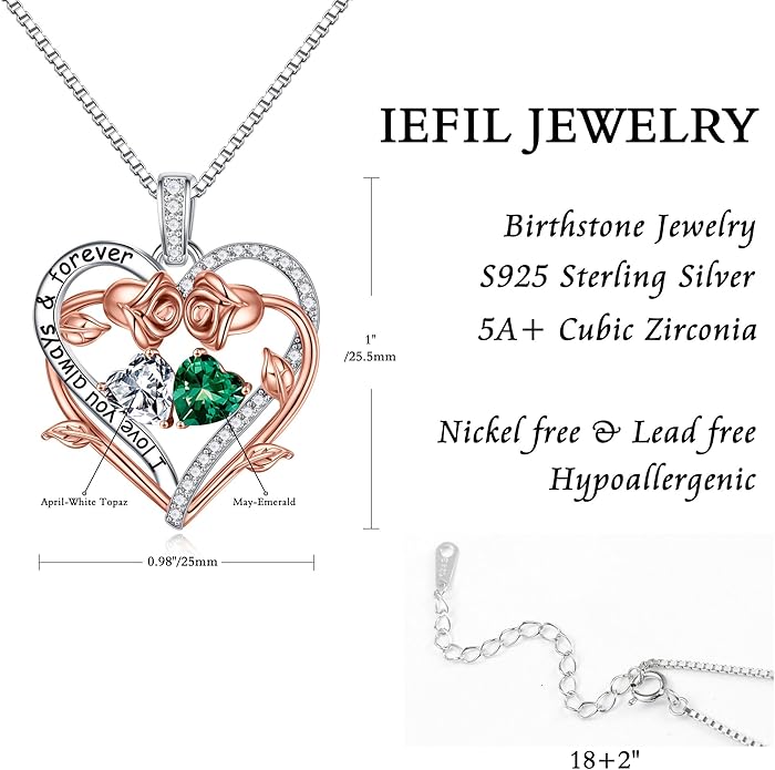Iefil Rose Heart Double Birthstone Necklace Gifts for Wife Her Mom Women, Birthstone Jewelry Gemstone Birthday Gifts for Girlfriend Grandma Her Wife Women