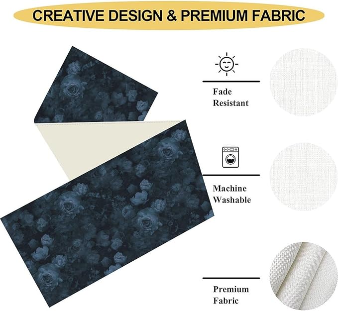 Gothic Floral Table Runner, Retro Dark Blue Flower Garden Witchy Rose Print Coffee Table Center Decor for Home Kitchen Dining Patio Holiday Party Indoor Outdoor Table Decorations 13x72 inches