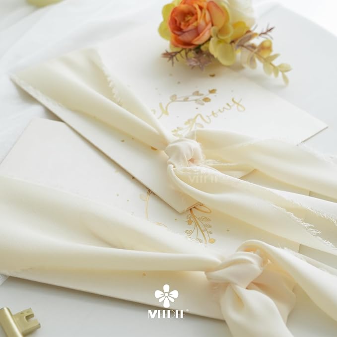 MEEDEE Ivory Chiffon Ribbon 3 Inch Frayed Ribbon Cream Chiffon Silk Ribbons Frayed Edge Wide Chiffon Ribbons for Crafts, Flower Bouquet, Wedding Favors Wrapping (2 Rolls 10 Yards)