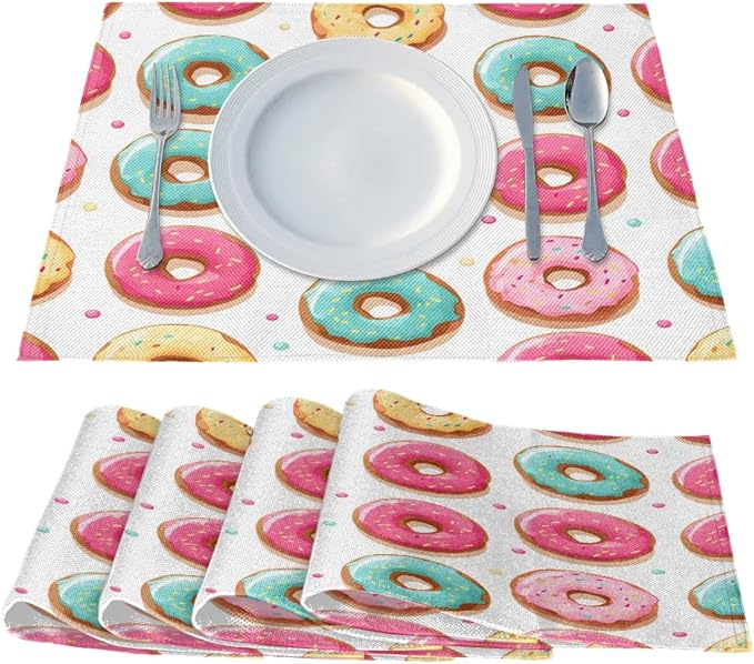 Sweet Doughnuts Placemats Set of 6, Washable Linen Place Mats, Colorful Donut Pattern Table Mats for Kitchen Dining Table Decor Heat Resistant Tablemats 12x18