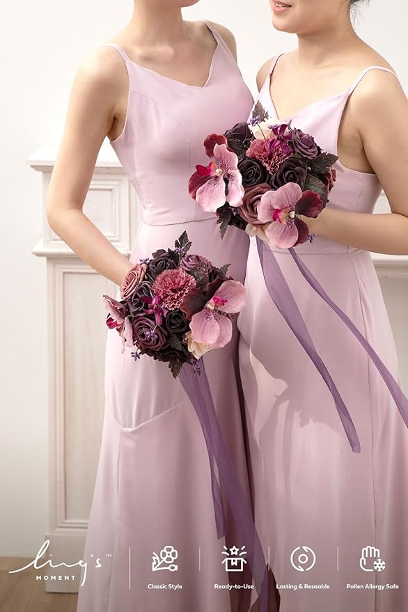 Ling's moment Purple Bridesmaid Bouquet Set of 4, Deep Plum Wedding Bouquets for Bridesmaids, 7 Inch Bridal Bouquets for Bridesmaids, Wedding, Ceremony, Anniversary, etc.