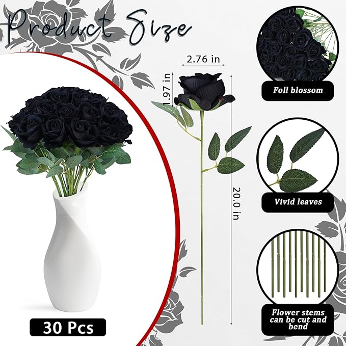 30pcs Fake Roses Artificial Silk Flowers Long Stems Bouquet for Wedding Bridal Shower Party Home Decoration (Black)