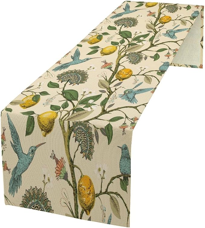 Table Runner with Flowers and Birds, Spring Plant Flowers Table Decoration Linen Table Runner Family Party Party Decorations 13x60 Inches