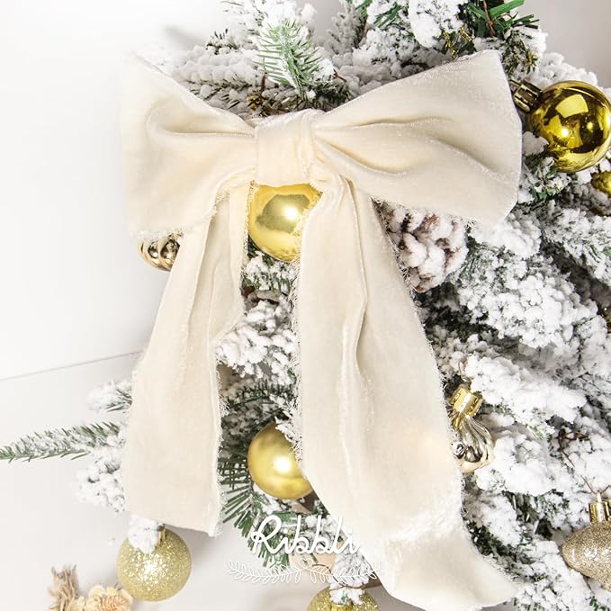 Ribbli Ivory Velvet Ribbon 3 Inch Handmade Frayed Vintage Christmas Ribbon for Gift Wrapping Christmas Tree Ornament Wreath Craft Home Decor -3 Yards