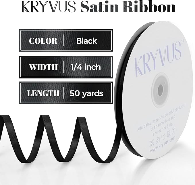 Black Satin Ribbon, Double Faced 1/4 Inch X 50 Yards Black Ribbon, Premium Satin Ribbon for Gift Wrapping, Crafts, Hair Bow Making, Sewing, Flower Bouquet, Wedding Party Decor