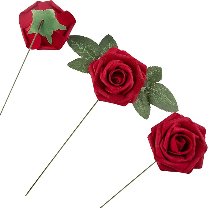 Artificial Flower Foam Rose 25pcs Real Looking Fake Rose with Stems Leaves for Home Decoration Party Garden Centerpieces DIY Wedding Bouquets（Dark Red）