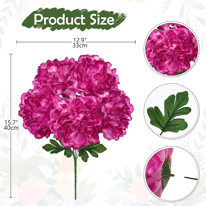 Briful Artificial Peony Flowers Bouquet 15.7" Faux Silk Peonies Floral Arrangement Fake Flower Stems for Home Office Wedding Party Table Vase Centerpiece Decor(Hot Pink)