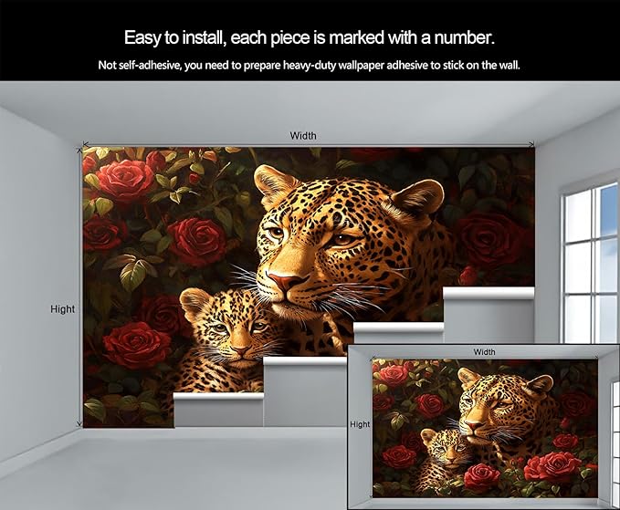 Jungle Rose Leopard Wall Mural, Big Cat Floral 3D Wall Murals, Wild Animal Leopard Wallpaper Mural, for Living Room Bedroom Large Wallpaper Indoor Decor 98.4" W x68.9 H