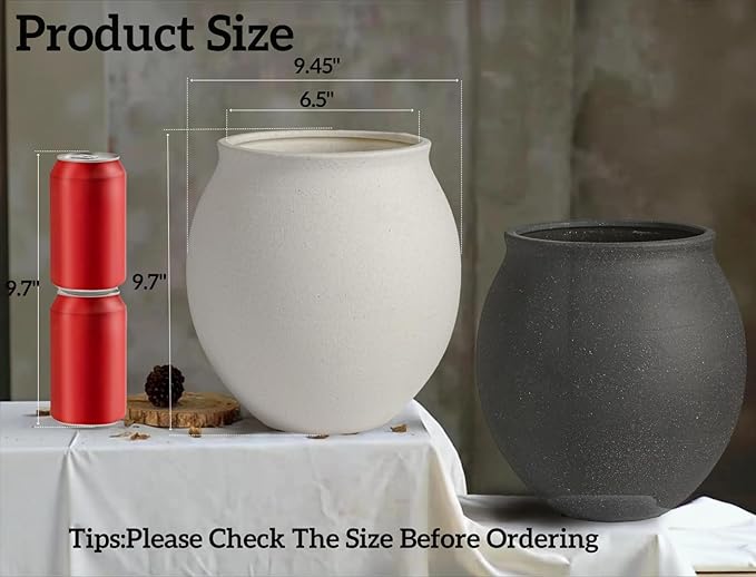 Large White Ceramic Vase, Wide-mouthed Round Planter with Drainage Hole, 9.7 Inch Tall, Minimalist Home Decor for Indoor Plants, Flowers, Table, Shelf,Floor, Living Room, Wedding (Sandstone White)