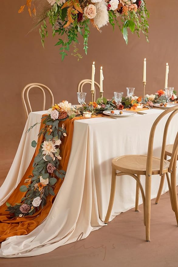 Ling's moment Fall Flower Garland - 6FT Eucalyptus & Rose - Sweetheart Table Decor for Wedding Reception, Artificial Floral Garland for Mantle, Thanksgiving, Christmas Decoration, Sunset Terracotta