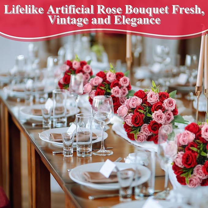 Zeyune 16 Bunches 12 Inch Artificial Mini Rose Bouquet 160 Heads Bridal Flower Bouquets Fake Silk Rose Bulk for Wedding Bridal Shower Christmas Home Office Garden Decoration(Pink and Red)