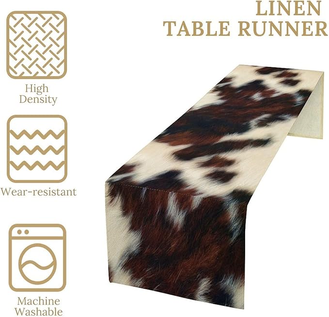 Cow Skin Print Table Runner, Vintage Cottage Country Animal Fur Skin Pattern Western Style Farmhouse Black Brown Cowhide Print Dinner Runner Home Kitchen Dining Table 13x60in