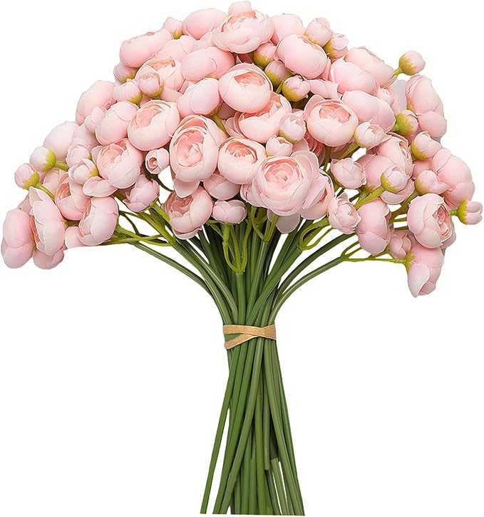 Meldel 32Pcs Ranunculus Artificial Flower, Faux Silk Mini Pink Ranunculus Flowers for DIY Bouquet, Bulk Fake Peony Wedding Filler Flowers for Centerpieces Arrangements Bridal Shower Decorations