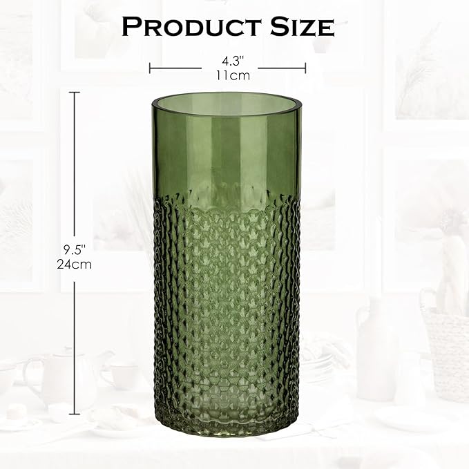 Sage Green Vase Glass Cylinder Vase, 8.7" H x 4" W Flower Vases Decorative Modern Wide Mouth Vase Bubble Glass Vases for Centerpieces Mantel Shelf Table Home Decor