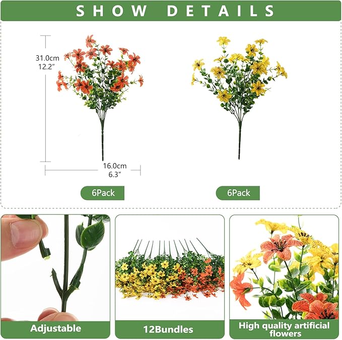 Artificial Mums Fake Fall Flowers for Outdoors Decoration, 12 Bundles Realistic Autumn Silk Daisy Faux Plants UV Resistant Decor for Home Garden Porch Patio Yard Balcony Window (Orange Yellow)