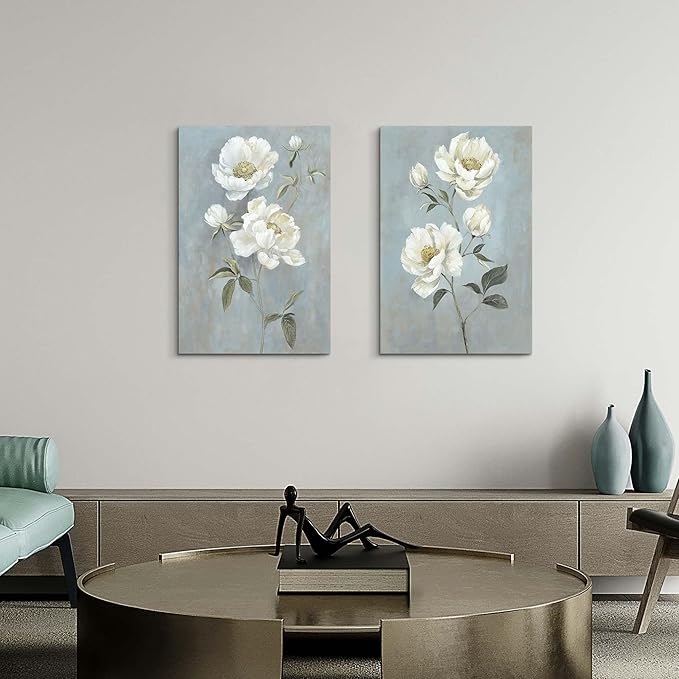 Color Play Flower Canvas Abstract Wall Art: 2 Pieces White Floral Prints Artwork Vintage Peony Bouquet Botanical Painting Picture for Bedroom Living Room Bathroom Home Office
