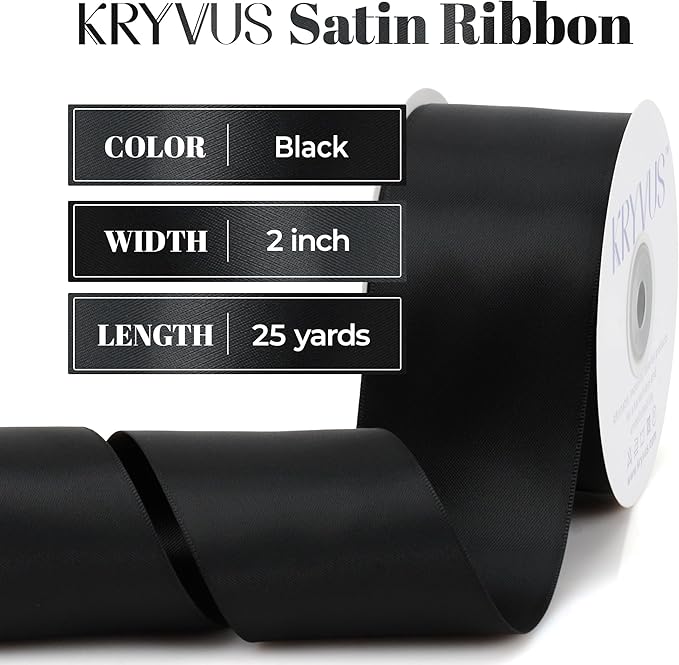 Premium Double Faced Satin Ribbon, 2 Inch x 25 Yards, Black, Perfect for Gift Wrapping, Wedding Decor, Crafts, Sewing, Fade-Resistant