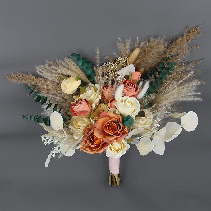 Rinlong 15.7" Wide Fall Wedding Bouquets for Bride Burnt Orange Dried Flowers Pampas Bridal Bouquet for Wedding Boho Terracotta Bouquets