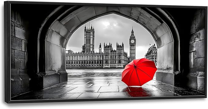 London City Large Wall Art Black and White Framed Red Wall Decor for Living Room, Big Ben Pictures Oversized Canvas Print Painting Modern Extra Large Framed Artwork for Bedroom Office 60"x30"