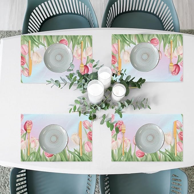 PVC Placemats Set of 4 Flower Tulip Pink Wipeable Table Mats Washable Heat Resistant Non Slip Vinyl Dining Table Mat for Kithen Indoor Outdoor Patio Farmhouse Place Mats Decorative