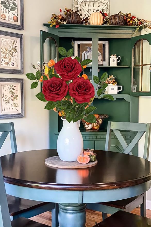 Hollyone 3Pcs Red Roses Artificial Flowers Bouquets 26.3" Fake Flower Arrangements Silk Flowers Rose with Long Stem Floral Branch Faux Roses Flowers DIY Wedding Party Table Centerpieces Home Decor