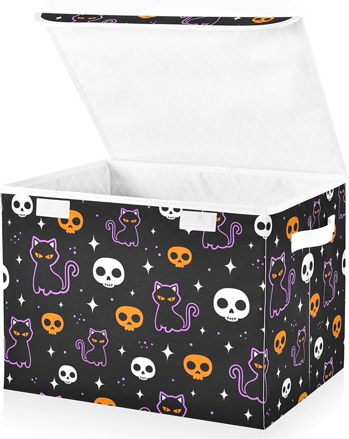 senya Halloween Storage Baskets Collapsible Storage Bins with Lids, Halloween Colored Skulls Black Cat Storage Boxes Clothes Baskets for Organizing, B06D22020