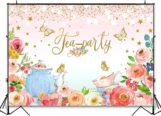 Pink Floral Tea Party Backdrop Glitter Gold Dots Butterfly Lets Partea Photography Background for Women Birthday Bridal Baby Shower Decorations Girls Wonderland Party Banner Photo Booth Supplies 6x4ft