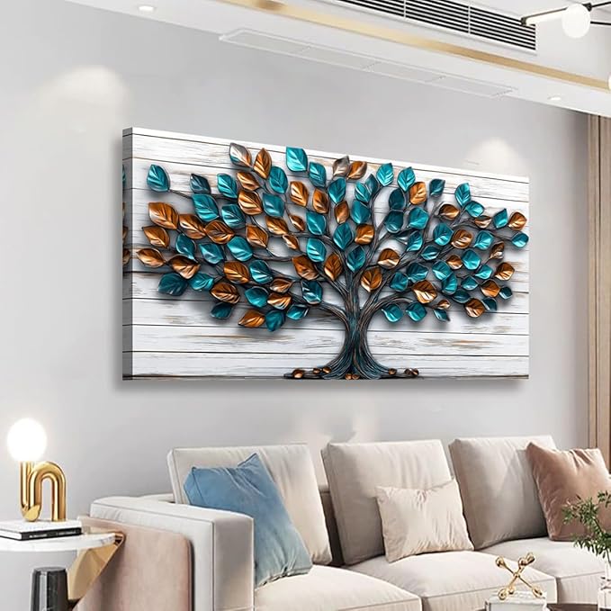 Tree Nature Wall Art Bedroom Abstract Wall Decor Living Room,Tree of Life Canvas Wall Art Office Farmhouse Paintings Artwork Modern Teal Golden Leaves Wall Art Prints Pictures 20 * 40inch