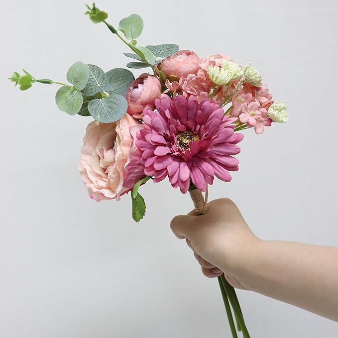 Zerzsy Artificial Flowers Bouquets, Mixed Pink Artificial Peonies, Fake Flower Bride Holding Flowers Faux Floral for Home Wedding Spring Decor