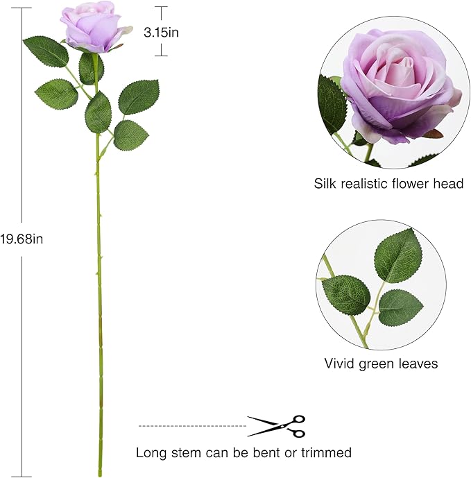 Hawesome Fake Roses Artificial Silk Flowers - 12 Pcs Purple Roses Artificial Faux Flowers with Stems for Home Wedding Centerpiece Hotel Office Decor