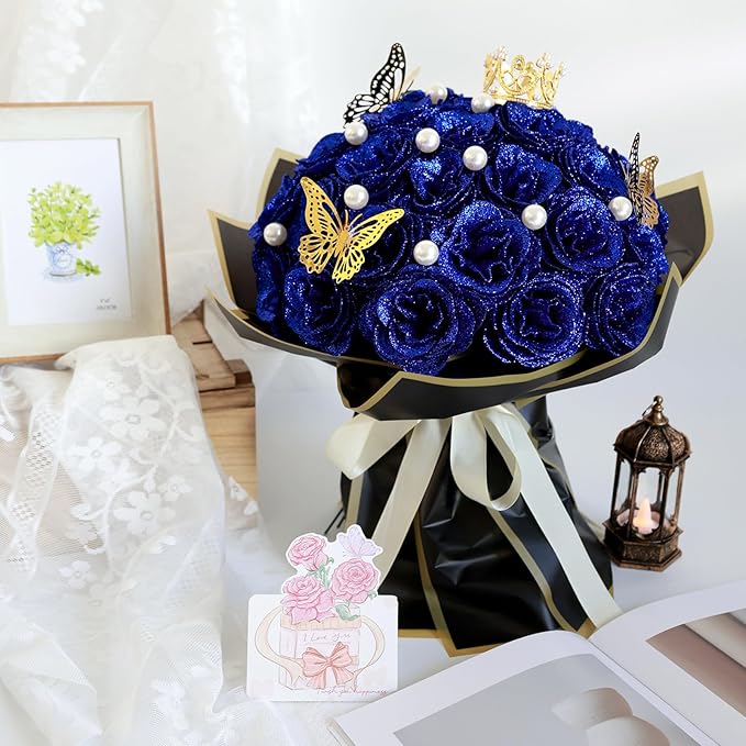 Glitter Roses Bouquet, Shiny Artificial Roses Flowers with Stems DIY Fake Glitter Flowers Bouquet for Valentine's Day, Mother's Day, Anniversary, Graduation, Birthday, Wedding, 36 Roses (Blue)