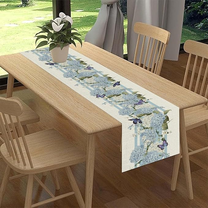 Blue Floral Table Runner, Spring Summer Watercolor Hydrangea Flower Butterfly Country Farmhouse Coffee Table Center Decor for Home Kitchen Dining Patio Holiday Party Table Decorations 13x72 inches
