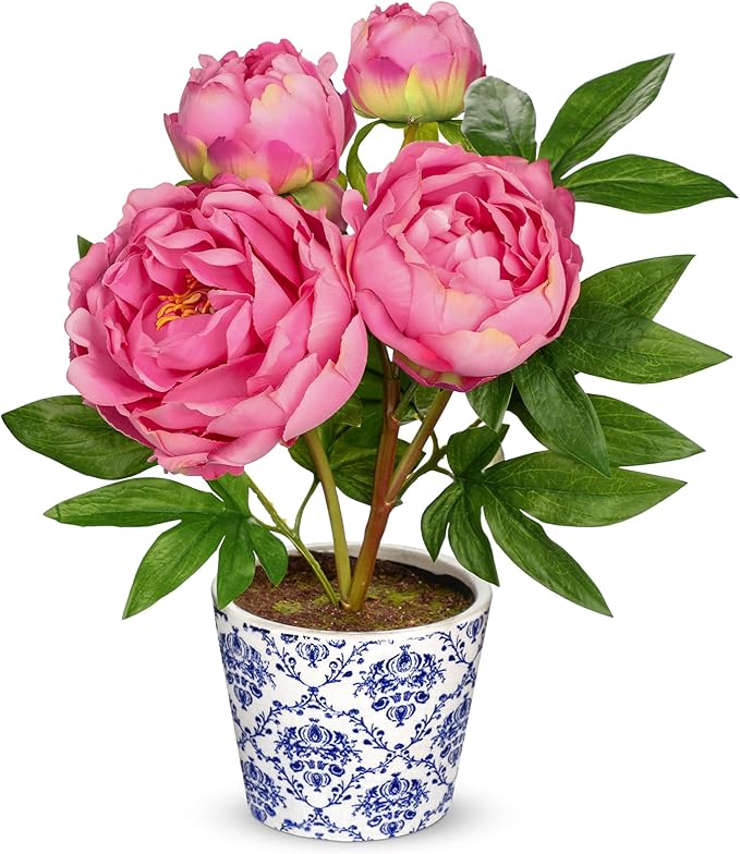 Briful Faux Peony Flowers in Blue and White Ceramic Pot – 13.8" Realistic Silk Peonies Artificial Peony Floral Arrangement Fake Potted Peony Flowers for Home Office Room Desk Shelf Decoration(Pink)