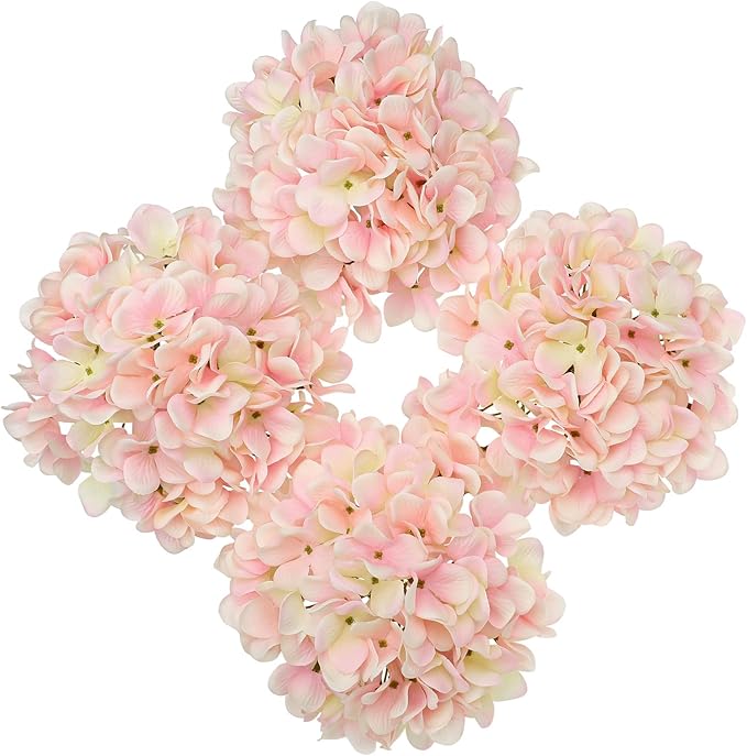 Hollyone Pink Silk Hydrangea Artificial Flowers Heads 7.4inch Large Fake Hydrangea 4Pcs Full Faux Flowers with Stems for Wedding Party Table Centerpieces Flower Arrangement Home Decor