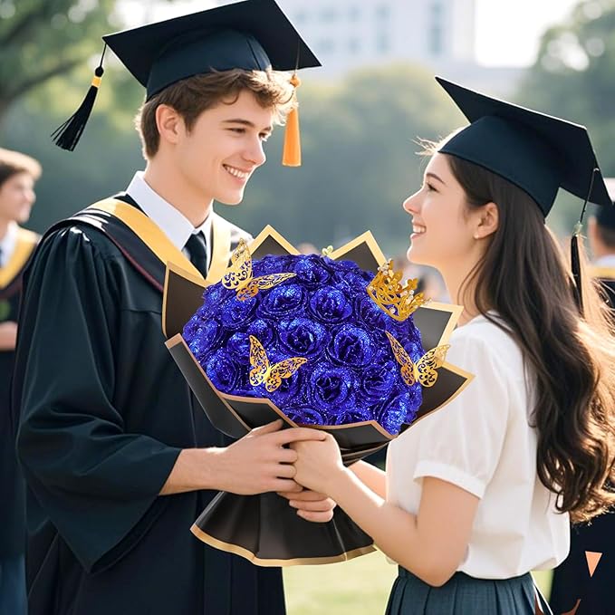 Waipfaru 36 Pcs Glitter Roses Bouquet, DIY Fake Flowers Bouquet, Artificial Blue Rose Bouquet for Valentines, Mothers Day Gifts, Anniversary, Engagement, Wedding