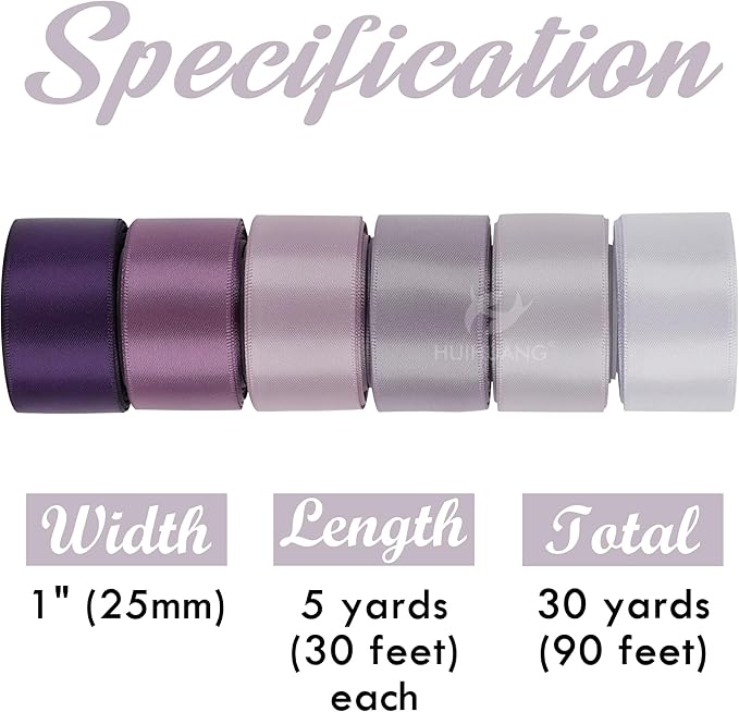 HUIHUANG Lilac Satin Ribbon - 1 inch Double Face Silk Assortment for Wedding, Bridal Shower Decor, Crafts, Hair Bows - 5 Rolls, Total 50 Yards