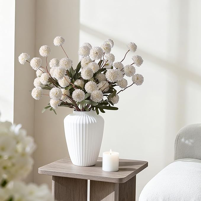 HyeFlora Fake Kiku Flowers,Faux Silk Pompon Mums 40heads Artificial Flowers,Chrysanthemum Stems Floral Arrangement Dried Flowers Vintage Decorative Indoor Home Vase Decor White