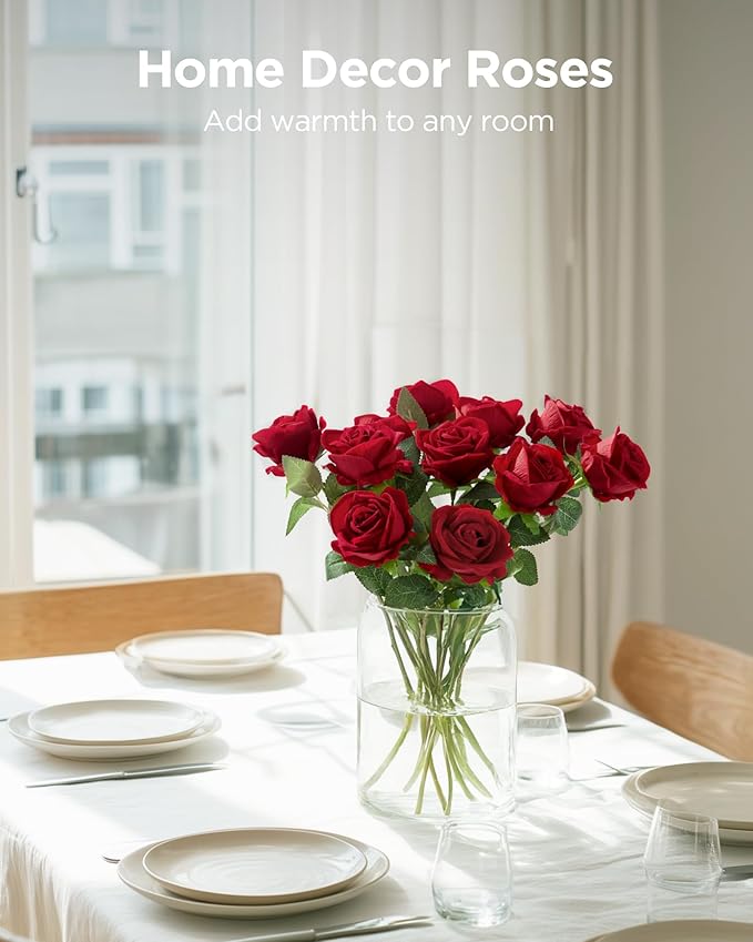 InnoGear 50 Pcs Red Roses Artificial Flowers, Fake Velvet Silk Rose Bulk Faux Flower for Decoration DIY Wedding Centerpieces Proposal Bridal Bouquets Shower Party Home Floral Decor (50, Red)