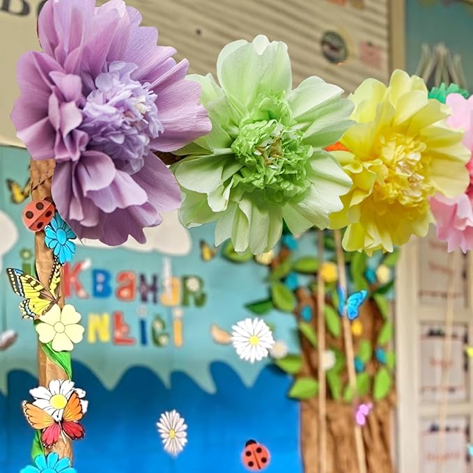 6PCS Pastel Paper Flowers Decorations Colorful Giant 12'' Crepe Tissue Paper Flowers Decorations Large Flowers for Wedding Birthday Baby Shower Classroom Wall Decor Supplies