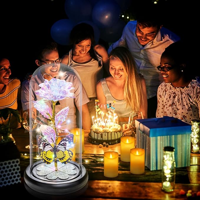 Christmas Rose Gifts for Women, Womens Gift for Christmas Birthday Gift Galaxy Glass Rose Forever Eternal Crystal Flower Light Up Roses in Glass Dome Butterfly Xmas Gifts for Mom Grandma Wife Colorful