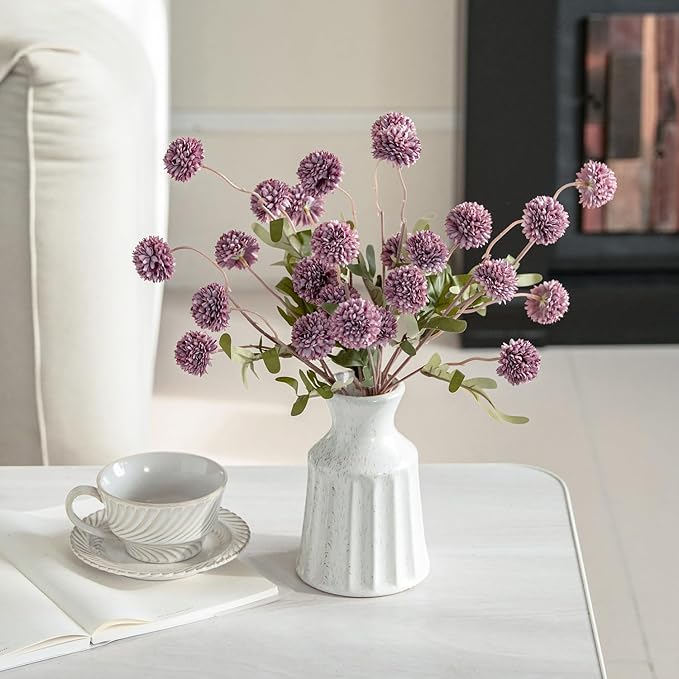 Artificial Kiku Flower - 5 Pcs Fake Pompon Mums Silk Small Chrysanthemum Faux Ball Fall Flower Stem Decor for Autumn Wedding Filler DIY Bouquet Centerpieces Arrangements Shower (Grey Purple)
